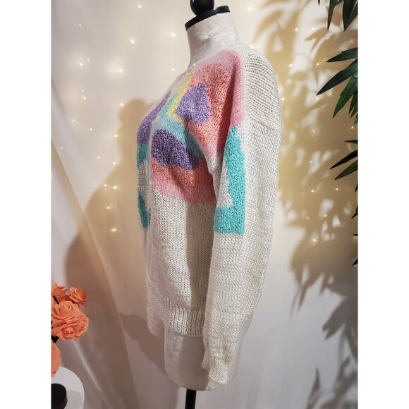 Ginenne VTG 80s Wool Angora Blend Pastel Knit Sweater Womens Size M Crew Neck - Picture 3 of 9
